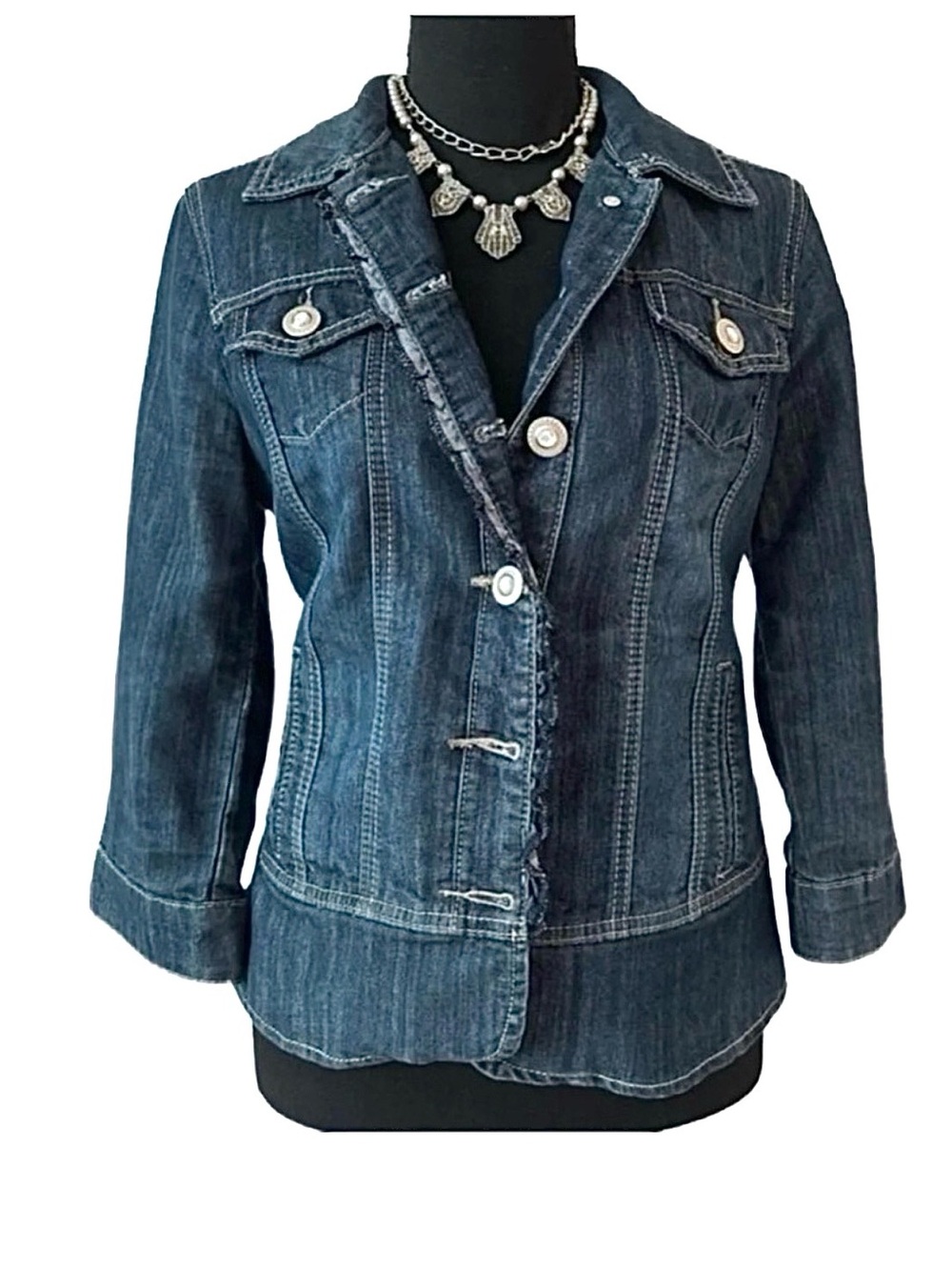DRESSBARN ~ Women’s 3/4 sleeve jeweled buttons w/pockets blue jean jacket size S